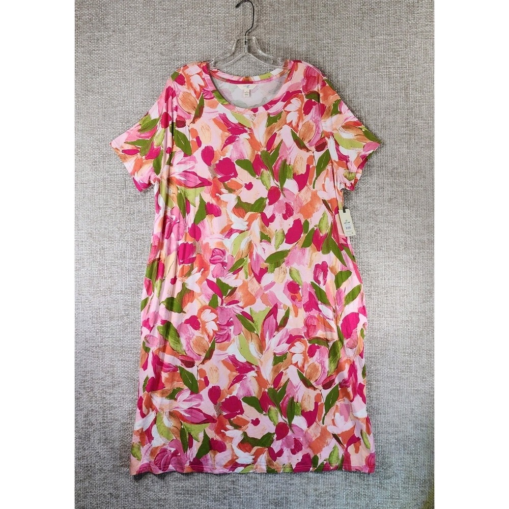 Terra & Sky Floral Knit T-Shirt Dress Womens Plus 1X Short Sleeve Pink NWT